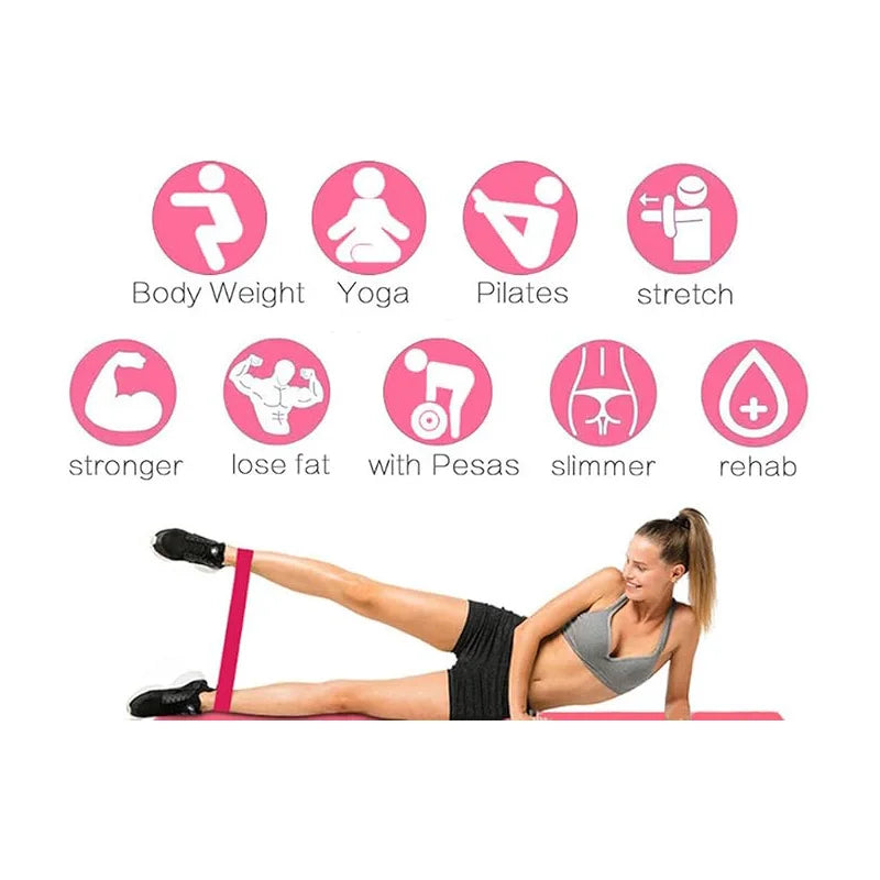 Set of resistance bands from Stride & Flow with a free gift, shown in various colors and resistance levels for strength training.