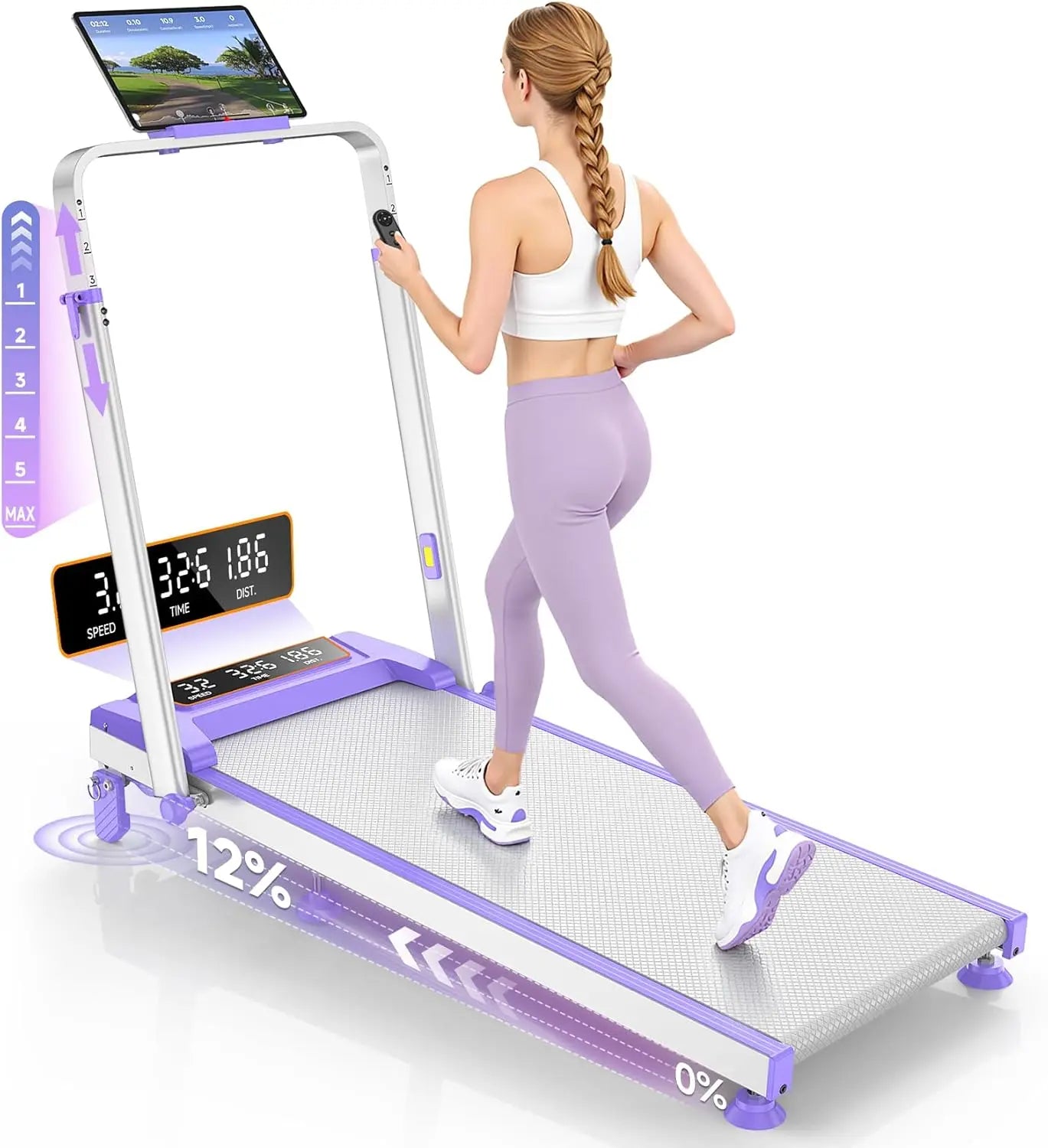 Foldable Stride & Flow incline walking pad with adjustable handle bar, shown folded with control panel and textured running surface.