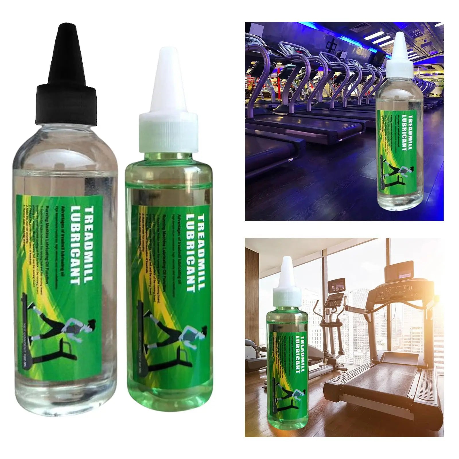 Stride & Flow treadmill lubrication kit with lubricant bottle and applicator for smooth treadmill belt maintenance.