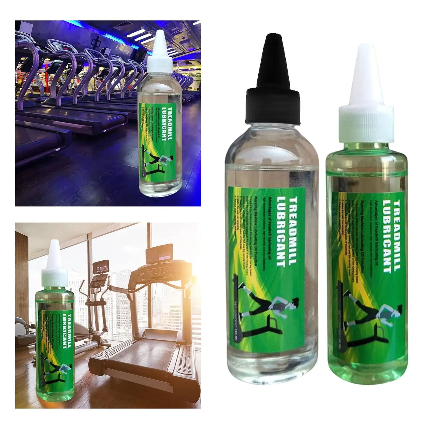 Stride & Flow treadmill lubrication kit with lubricant bottle and applicator for smooth treadmill belt operation.