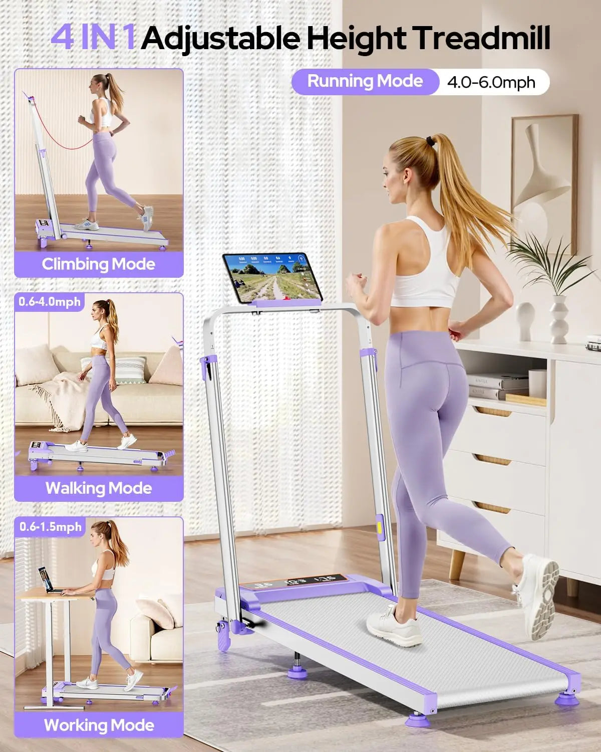 Foldable incline walking pad with adjustable handle bar from Stride & Flow, shown in a compact, foldable position for easy storage.
