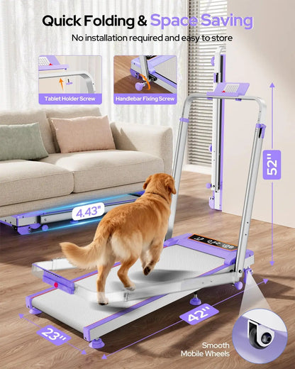 Foldable Incline Walking Pad with adjustable handle bar by Stride & Flow, showing the compact design and safety features.