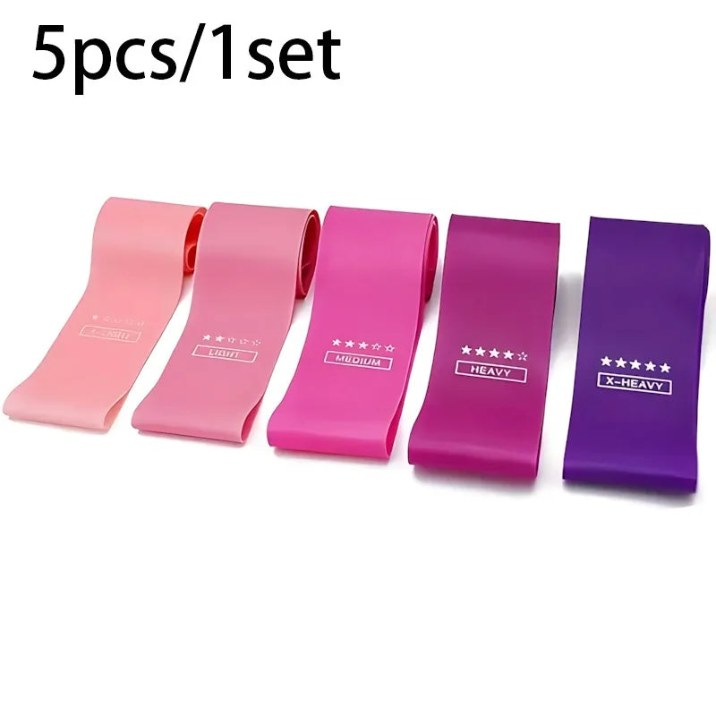 Set of Stride & Flow resistance bands with a free gift, featuring colorful elastic exercise bands for strength training and stretching.